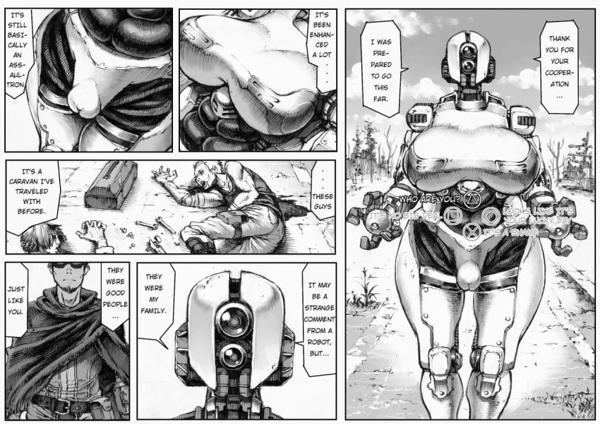 1boy 1girls 2018 abs ada_(fallout) ass assaultron black_and_white blood bubble_butt death dialogue double_deck fallout fallout_4 female huge_ass huge_breasts human large_breasts machine male_death monochrome muscular_female nude outdoors pussy robot sole_survivor sole_survivor_(male) standing text thick_thighs translated video_games voluptuous vulva wide_hips