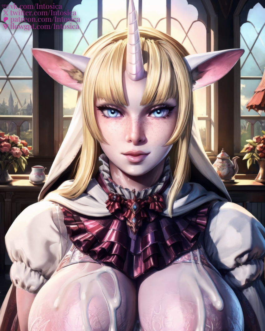 1_horn 1girls ai_generated animal_ears bangs blonde_hair blue_eyes breasts cum cum_on_breasts day daytime emilie_de_rochefort eyelashes fantasy female female_focus female_only flowers frills frilly_clothing goat_ears indoors intosica large_breasts lolita_fashion long_hair looking_at_viewer medieval portrait puffy_short_sleeves puffy_sleeves revealing_clothes shiny_skin solo solo_female solo_focus tekken unicorn_horn wet window wood