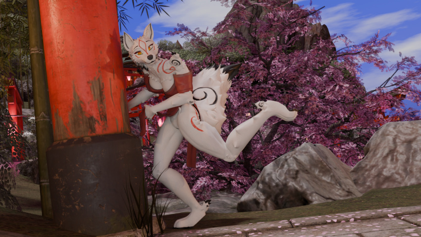 3d amaterasu anthro bamboo canid canine canis capcom clothed clothing dress female genitals hi_res lifted_dress mammal no_underwear okami okami_(capcom) outside pussy raised_leg red_clothing red_dress shrine_gate solo wolf zero3delta