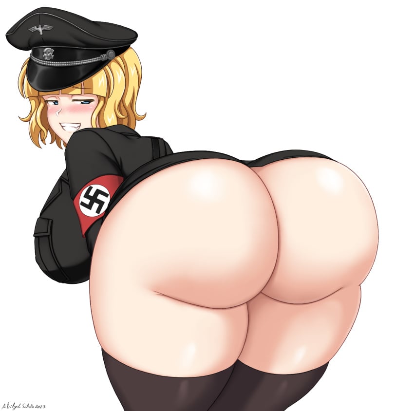 1girls abridged-satoko aryana_schütze ass ass_focus big_ass big_breasts blonde_hair blue_eyes blush bottomless grin huge_ass nazi nopan smug thick_thighs thighhighs thighs white_background