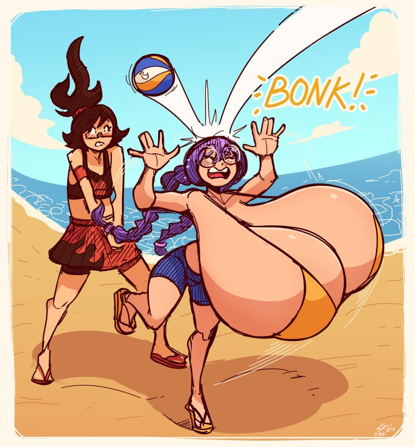 2girls beach big_breasts braids breasts brown_hair cel_shading distressed enormous_breasts female female_focus female_only front_heavy_breasts giant_breasts gigantic_breasts glasses hair heavy_breasts huge_breasts hyper_breasts large_breasts lucy_fuchs massive_breasts motion_lines purple_hair round_glasses sand sandals sea stylized swinging_breasts tied_hair twin_braids vignette volleyball waves