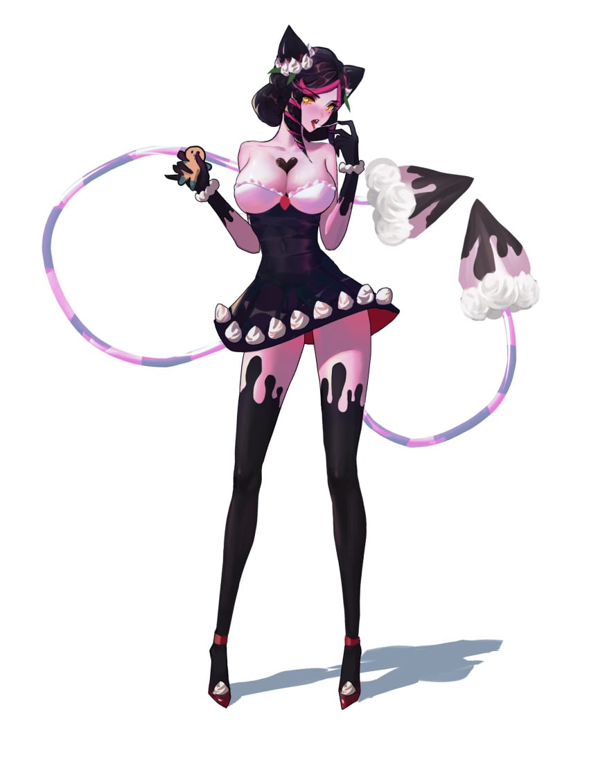 1girls breasts candy chocolate chocolate_on_body chocolate_on_breasts cleavage dress evelynn female female_only league_of_legends pink_skin redooo short_dress solo sugar_rush_evelynn sugar_rush_series thighhighs