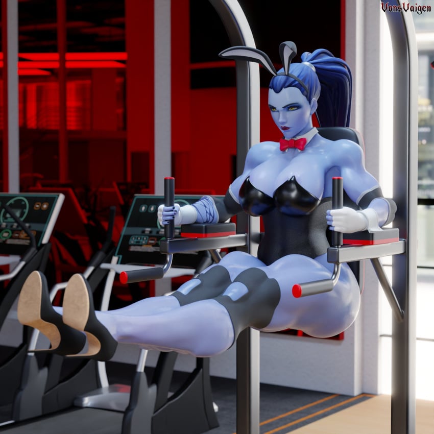 1girls 3d abs amelie_lacroix ass big_ass big_breasts blizzard_entertainment bowtie bunny_ears bunny_girl bunny_tail bunnysuit female female_only fit fit_female gym high_heels looking_at_viewer muscular muscular_female overwatch overwatch_2 purple_skin solo tattoo thick_thighs vonsvaigen wide_hips widowmaker yellow_eyes