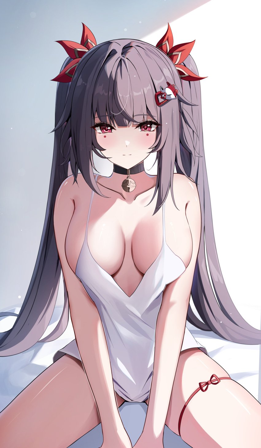 absurdres bed bedroom black_hair breasts camisole choker facial_mark female hair_ornament highres honkai:_star_rail honkai_(series) large_breasts light light_rays long_hair looking_at_viewer morning purple_eyes sitting solo spaghetti_strap sparkle_(honkai:_star_rail) thigh_strap thighs twintails very_long_hair yeni1871