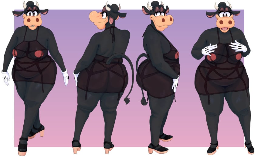 absurd_res anthro areola ass bedroom_eyes big_breasts big_butt boolishclara bovid bovine breasts cattle clarabelle_cow clothing disney female footwear hi_res high_heels lingerie mammal multiple_poses narrowed_eyes navel nipples pinup pose seductive shoes smile solo thick_thighs