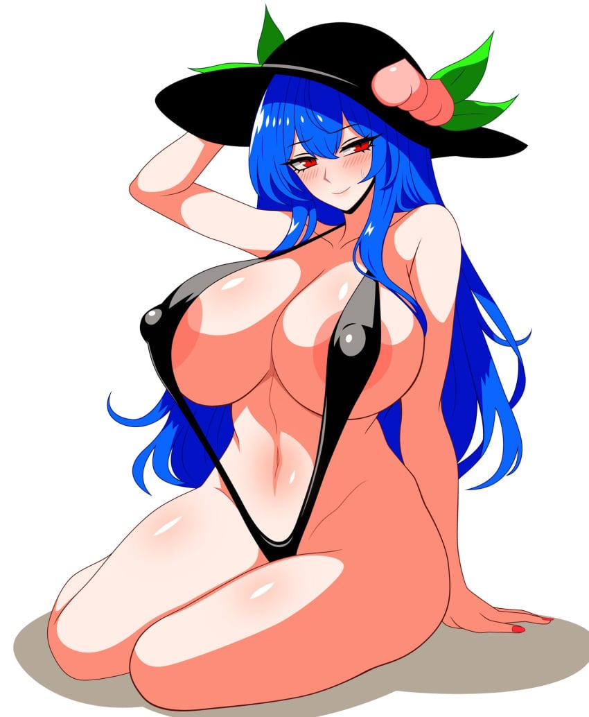 1girls 2d areolae bare_shoulders belly belly_button big_breasts bikini bikini_only blue_hair blush breasts cleavage female female_only hat hat_ornament hips huge_breasts large_breasts light-skinned_female light_skin long_hair looking_at_viewer nail_polish nipples nipples_visible_through_clothing pale-skinned_female pale_skin peach_(fruit) red_eyes red_nail_polish red_nails shiny_hair shiny_skin simple_background sitting sitting_on_side sling_bikini smile solid_color_background solo source ssaf ssaf52913778 ssaf_seibeupail swimsuit swimsuit_only tenshi_hinanawi thick_thighs thighs touhou white_background wide_hips