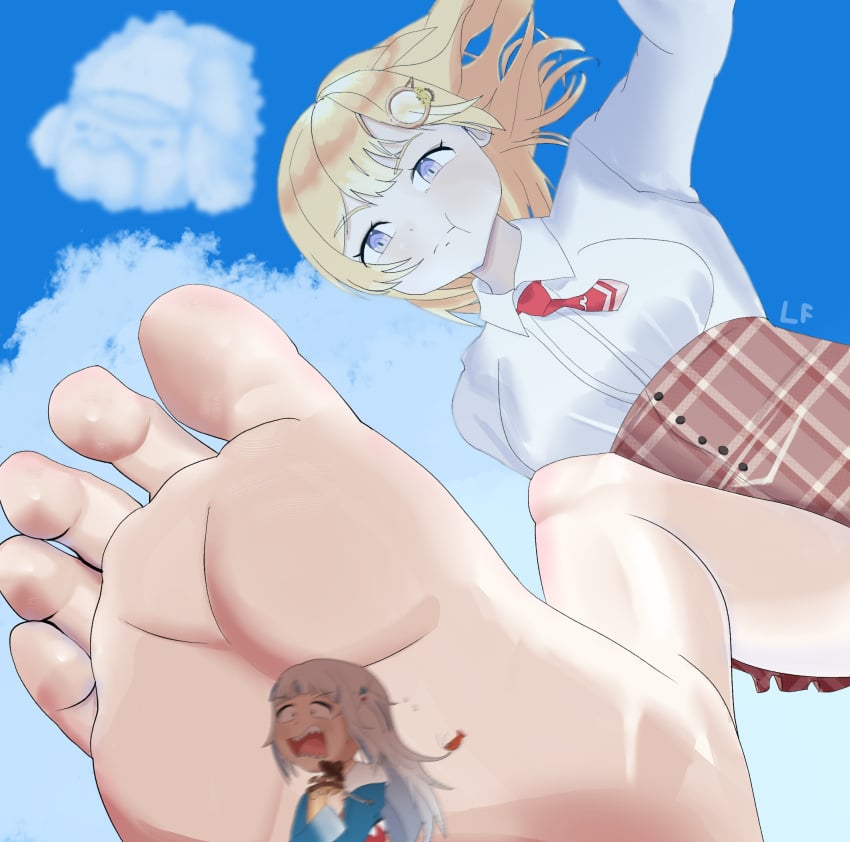 2girls barefoot blonde_hair blue_eyes digital_drawing_(artwork) female female_focus female_only foot_fetish gawr_gura giantess hair_clip hololive hololive_english hololive_myth leafy_feathers light-skinned_female long_hair low-angle_view macro_female macrophilia red_tie shrimp size_difference skirt toes virtual_youtuber vtuber watson_amelia white_button_down_shirt