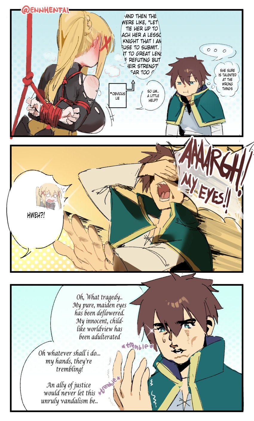 blonde_hair bondage clothed comic comic_page darkness_(konosuba) ennhentai female kono_subarashii_sekai_ni_shukufuku_wo! ponytail satou_kazuma tagme tied_up