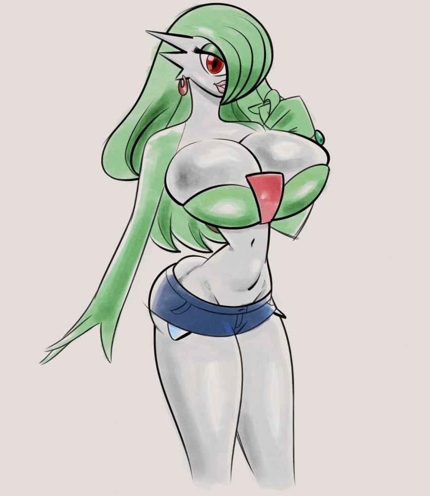 artist_request bimbo bimbofication booty_shorts breasts_bigger_than_head bubble_butt daisy_dukes gardevoir hair_over_one_eye hoop_earrings looking_at_viewer pokémon_(species) pokemon pokemon_(species) seductive_look simple_background simple_coloring