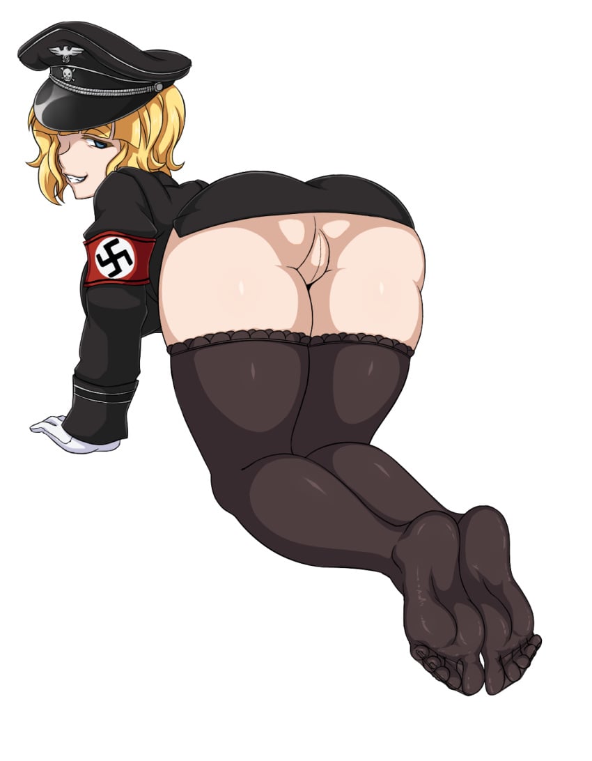 1girls armband aryana_schütze ass barefoot blonde_hair blue_eyes cute evil_grin feet female female_only hideyoshiao1 light-skinned_female light_skin looking_back nazi pussy racist racist_woman short_hair smile soles solo striped_panties swastika toes wicked_smile