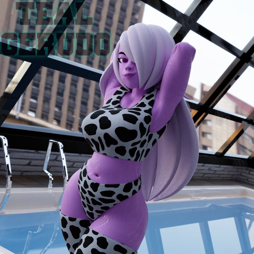 1girls 3d 3d_(artwork) amethyst_(steven_universe) armpits arms_up big_breasts blender blender_(software) blender_cycles bra breasts cartoon_network cityscape cow_print cow_print_thighhighs cow_print_thong female female_focus female_only gem_(species) hair_over_one_eye hands_behind_head hi_res highres long_hair panties pool purple_skin seductive seductive_smile self_upload smirk solo steven_universe tealgerudo that_pool thighhighs violet_hair