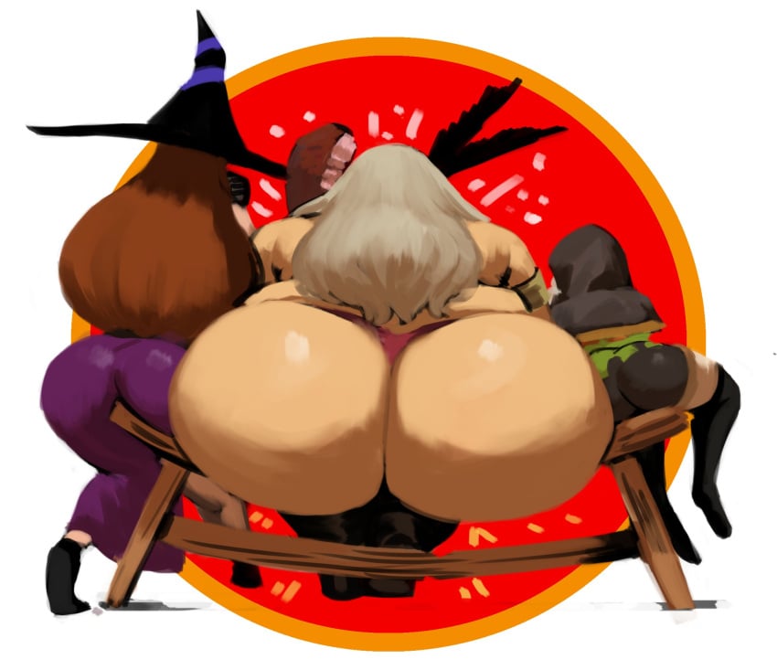 3girls amazon_(dragon's_crown) bare_shoulders bench black_legwear blonde_hair boned_meat brown_hair dragon's_crown dumptruck_ass elf_(dragon's_crown) fat furniture hair_feathers hoodie long_hair meat multiple_girls red_thong sonier103 sorceress_(dragon's_crown) thick_ass thighhighs thong witch_hat