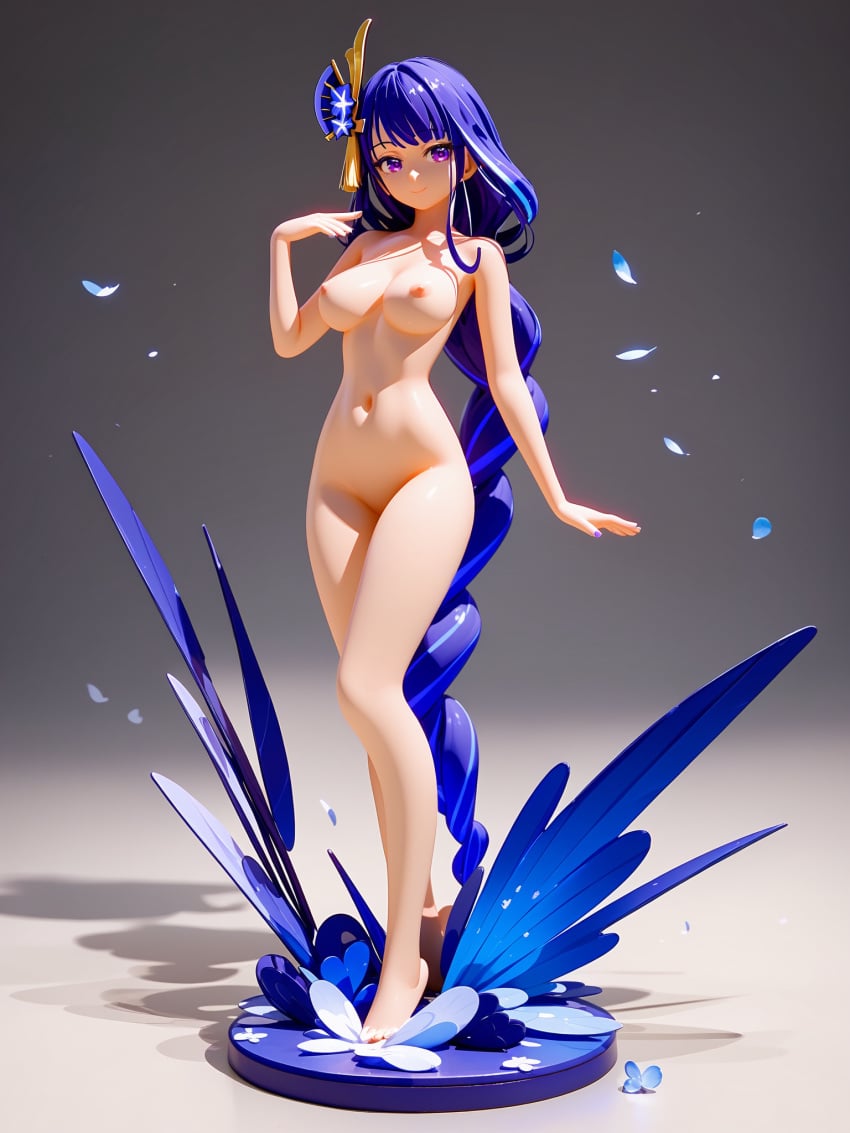 1girls ai_generated big_breasts breasts change_of_status cum_on_breasts female_only figure genshin_impact hoyoverse long_hair looking_at_viewer minigirl nude nude_female purple_eyes purple_hair raiden_shogun shrunken_woman simple_background snowy_yukino solo