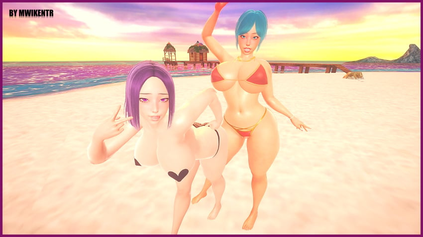 2girls 3d 3d_model beach big_ass big_breasts big_butt bikini bikini_bottom bikini_top blue_eyes blue_hair breasts bulma_briefs crossover dc dragon_ball dragon_ball_super dragon_ball_z female female_only multiple_girls mwikentr pink_body purple_eyes purple_hair raven_(dc) teen_titans