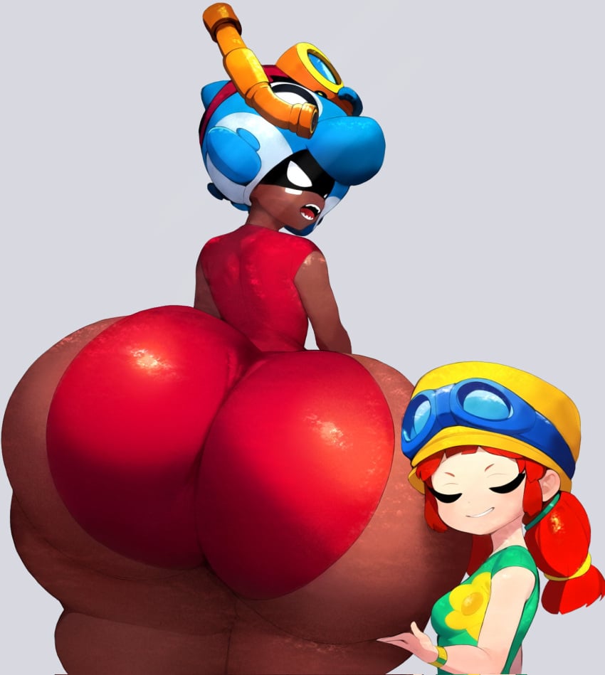 2girls big_ass brawl_stars dark-skinned_female head_on_ass huge_ass hyper_ass jessie_(brawl_stars) light-skinned_female multiple_girls nita_(brawl_stars) only_female senior_garabato size_difference summer_jessie_(brawl_stars) swimsuit tight_clothing whale_watch_nita_(brawl_stars) wide_hips