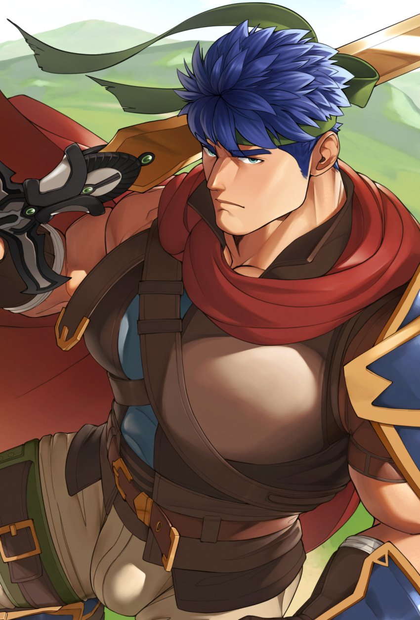 1boy bara belt blue_hair brown_belt brown_pants bulge cape closed_mouth fire_emblem fire_emblem:_radiant_dawn green_headband headband highres holding holding_sword holding_weapon ike_(fire_emblem) large_pectorals looking_at_viewer male male_only muscular muscular_male nintendo pants pectorals ragnell_(fire_emblem) red_cape ruisselait short_hair solo sword weapon