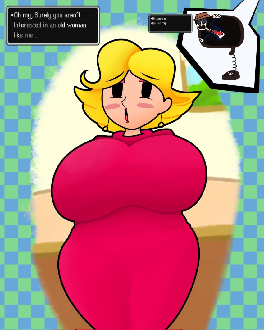 big_breasts blonde_hair earrings earthbound earthbound_series milf mother_(series) ness's_mom ness’s_dad pink_eyeliner pink_lipstick red_dress teaset_haliley thick_thighs wide_hips