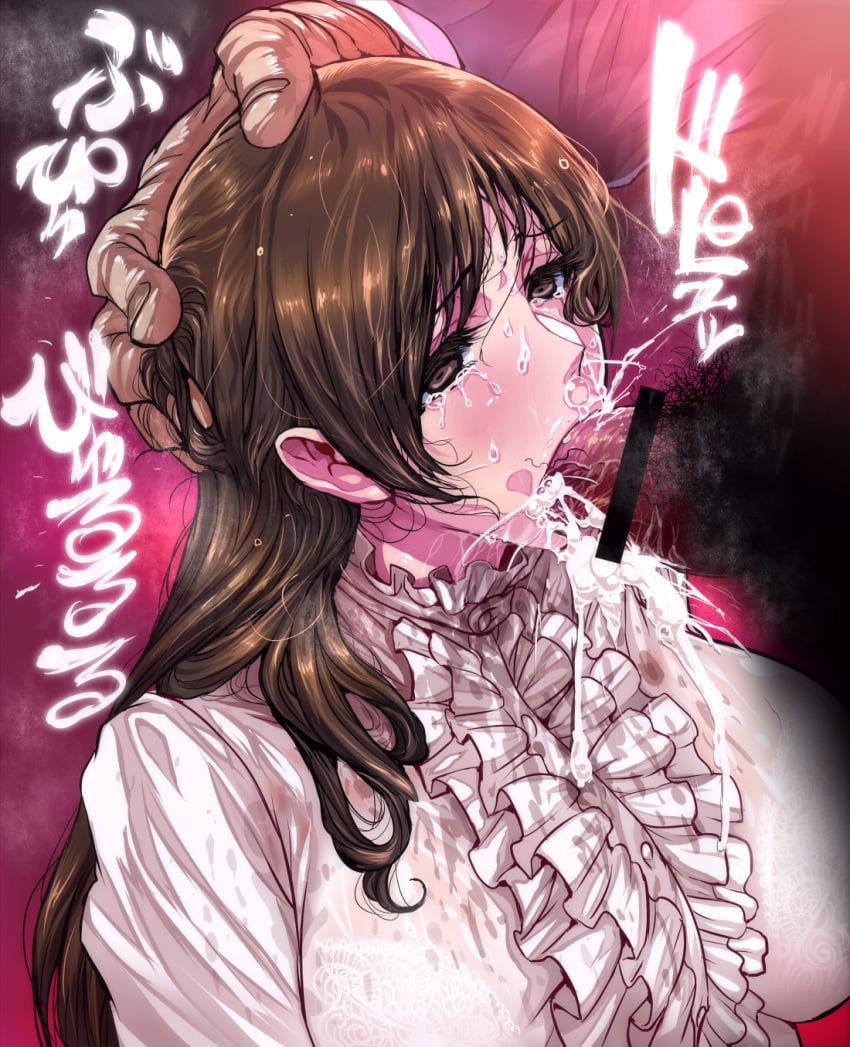 :>= bar_censor blouse blush bra breasts brown_eyes brown_hair censored cum cum_bubble cum_explosion cum_in_mouth cum_in_nose dark-skinned_male ejaculation fellatio female hand_on_head highres idolmaster idolmaster_cinderella_girls large_breasts long_hair male_pubic_hair matching_hair/eyes nitta_minami onomatopoeia oral penis pointless_censoring pubic_hair ruffles see-through simple_background solo_focus standing stray_pubic_hair sweatdrop tears upper_body warainaku white_blouse white_shirt