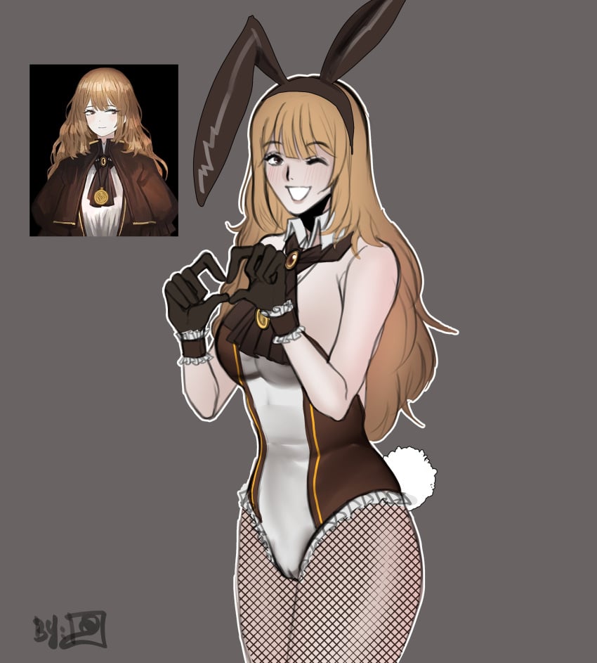 bunny_ears bunnysuit catherine_(limbus_company) fishnets hand_gesture limbus_company project_moon