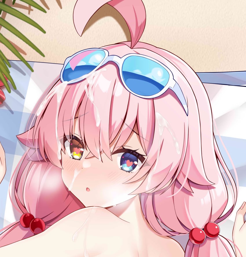 ahoge blue_archive blue_eyes blush cum eyewear_on_head female fengshen_chino glasses heart heart_in_eye heterochromia highres hoshino_(blue_archive) looking_at_viewer lying open_mouth pink_hair solo sunglasses symbol_in_eye twintails yellow_eyes