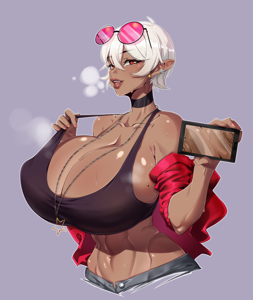 1girls areolae big_breasts choker cleavage colette_belrose dark-skinned_female dark_elf dark_skin earrings elezen elf female female_only final_fantasy final_fantasy_xiv hiradeira holding_phone huge_breasts jacket_off_shoulders looking_at_viewer mole mole_on_breast naughty_face necklace nipples phone phone_screen red_eyes round_glasses showing_phone simple_background smiling smiling_at_viewer solo steamy_breath sunglasses sunglasses_on_head tank_top upper_body very_high_resolution white_hair