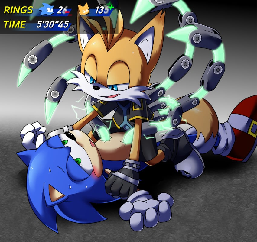 2024 4:3 anthro canid canine digital_drawing_(artwork) digital_media_(artwork) dominant dominant_male duo energy_drain eulipotyphlan fox hedgehog hi_res japanese_description male male/male mammal netflix power_drain sega skeb_commission sonic_(series) sonic_prime sonic_the_hedgehog sonic_the_hedgehog_(series) stabbing submissive submissive_male tails_nine user_interface v_ig_v