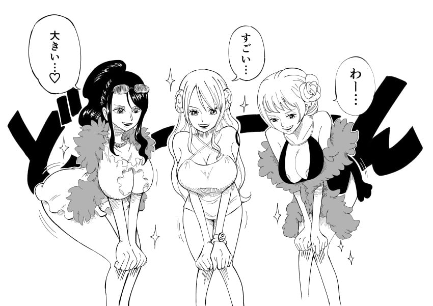 areola areolae bent_over black_and_white breasts carina_(one_piece) cleavage dialogue dress female female_only greyscale japanese_text mazima_makoto22 nami nico_robin nipple no_color one_piece post-timeskip translated