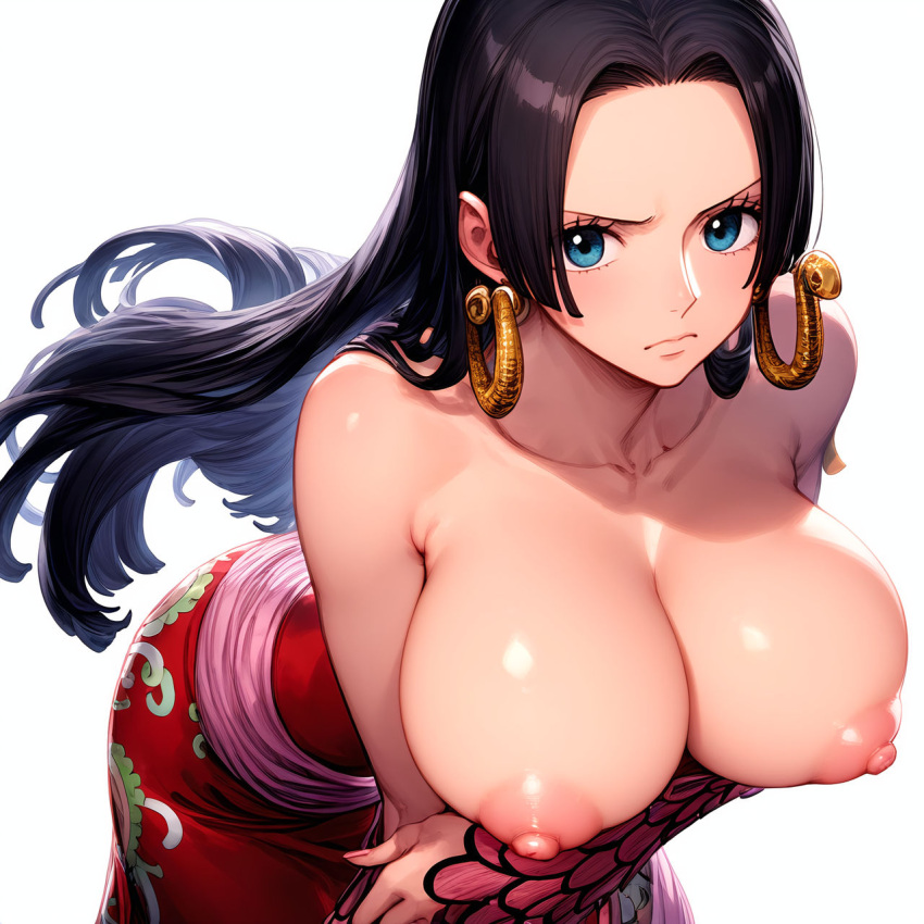 ai_generated artist_request black_hair blue_eyes boa_hancock breasts dress dress_down earrings female female_only holding_breast jewelry large_breasts long_hair looking_at_viewer nipples one_piece solo