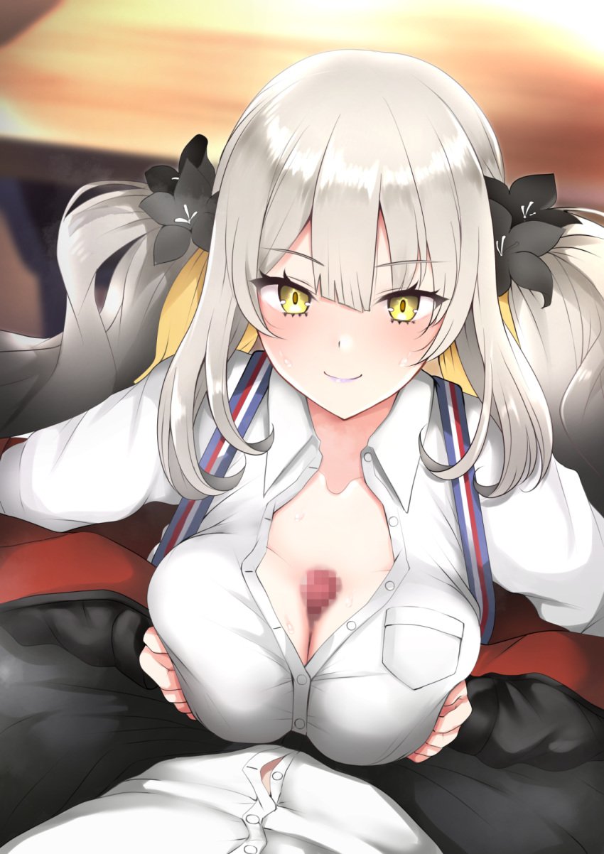 1boy black_jacket breasts breasts_squeezed_together cleavage collared_shirt dain_(bishop_m) fate/grand_order fate_(series) female gradient_hair grey_hair highres jacket large_breasts long_hair long_sleeves looking_at_viewer marie_antoinette_(alter)_(fate) marie_antoinette_(alter)_(first_ascension)_(fate) marie_antoinette_(fate) multicolored_hair off_shoulder paizuri penis shirt sidelocks straight twintails white_hair white_shirt yellow_eyes