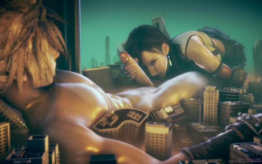 1boy 1girls 3d city cloud_strife destruction destructive_sex final_fantasy final_fantasy_vii giant giant_couple giant_male giant_sex giantess gloves honey_select_2 junejukes licking_penis macro nude_male_clothed_female on_back penis testicles tifa_lockhart