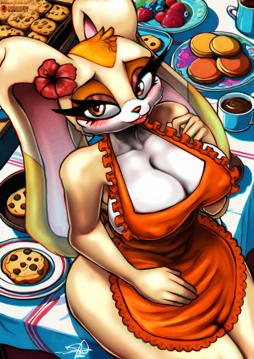 animal_humanoid anthro apron apron_aside apron_only big_breasts bluewolfartista blush blushing_at_viewer brown_eyes bunny cream_the_rabbit flower_in_hair fur fur_ass fur_breasts fur_thick_thighs furry grown_up large_breasts looking_at_viewer lower_lip milf naked_apron rabbit sonic_(series) sonic_the_hedgehog_(series) thigh_highs thighhighs wide_hips wide_thighs