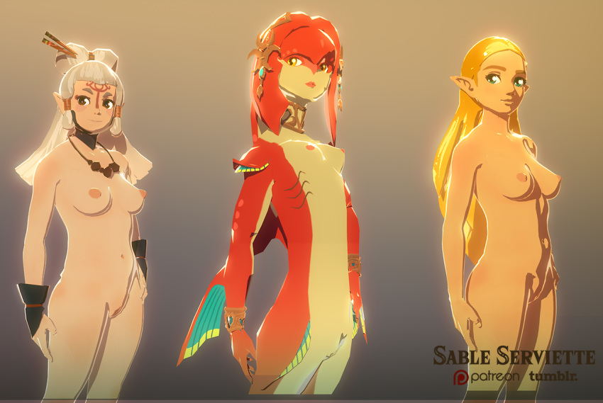 3d accurate_art_style areolae blonde_hair breasts breath_of_the_wild casual female female_only hairless_pussy handwear hylian mipha multiple_girls neckwear nintendo nude official_style pale_skin paya_(the_legend_of_zelda) perky_breasts pointy_ears princess_zelda sable_serviette slim small_breasts the_legend_of_zelda vagina zelda_(breath_of_the_wild) zora