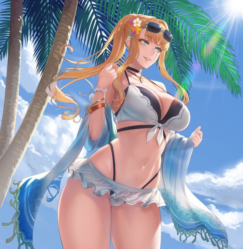 bangs bare_shoulders bikini blonde_hair blue_eyes blue_sky blush bracelet breasts clavicle cleavage damegane eyewear_on_head female high_resolution highleg highleg_bikini highleg_swimsuit jewelry large_breasts layered_bikini long_hair megane microskirt navel original palm_tree panty_straps parted_lips ponytail shawl sidelocks skirt sky smile solo sunglasses sunlight swimsuit thighs thong_above_skirt tied_hair tree very_high_resolution white_bikini white_swimsuit