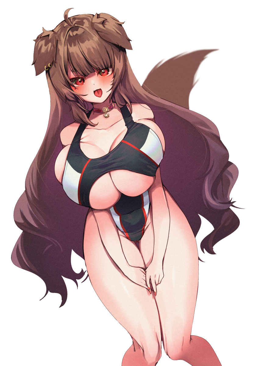 animal_humanoid bangs belly big_breasts big_hair black_swimsuit breast_squish brown_hair clothed collar competition_swimsuit cowlick dog_ears dog_girl dog_tail ear_piercing earrings ei_b_ fluffy_hair hands_on_thighs heart-shaped_pupils huge_breasts kemonomimi knock-kneed leaning_forward long_hair looking_at_viewer red_eyes swimwear tail tongue_out