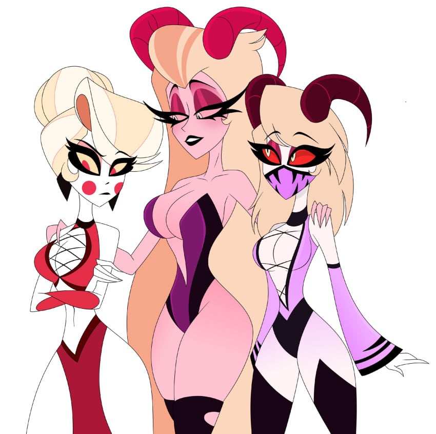 3girls big_breasts blonde_hair charlie_morningstar_(hazbin_hotel) curvy_female demon_girl eclipsa78 hazbin_hotel horns kitana_(cosplay) lilith_morningstar_(hazbin_hotel) masked_female mileena_(cosplay) mortal_kombat mother_and_daughter multiple_girls sindel_(cosplay) succubus tagme women