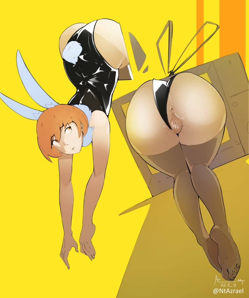 1girls ass brunette bunny_ears bunny_girl bunnysuit butt exposed_ass exposed_pussy leotard looking_up ntazrael persona persona_4 satonaka_chie sheer sheer_legwear stockings stuck stuck_in_object tagme tomboy