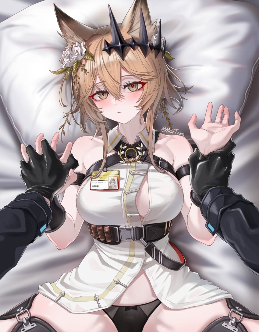 1boy 1girls 2024 animal_ear_fluff animal_ears arknights artist_name artist_signature bare_shoulders big_breasts black_panties blonde_hair blonde_hair blush breasts cat_ears catgirl flower flower_in_hair hair_ornament hand_grab hand_holding hi_res kemonomimi legs_apart light-skinned_female light_skin looking_at_viewer lying lying_on_back lying_on_bed mildt name_tag panties spread_legs vendela_(arknights)