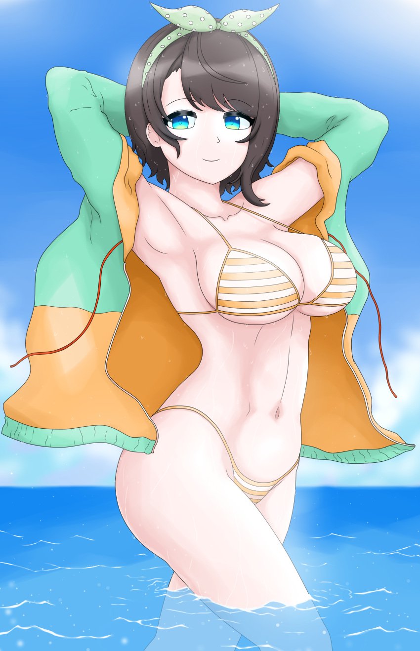 ale_131 arms_behind_head big_breasts bikini black_hair clouds day highres hololive hololive_japan light-skinned_female light_skin looking_at_viewer ocean oozora_subaru open_jacket short_hair sky smiling smiling_at_viewer solo solo_female standing standing_in_water summer swimsuit thong thong_bikini virtual_youtuber voluptuous voluptuous_female vtuber vtuberfanart water