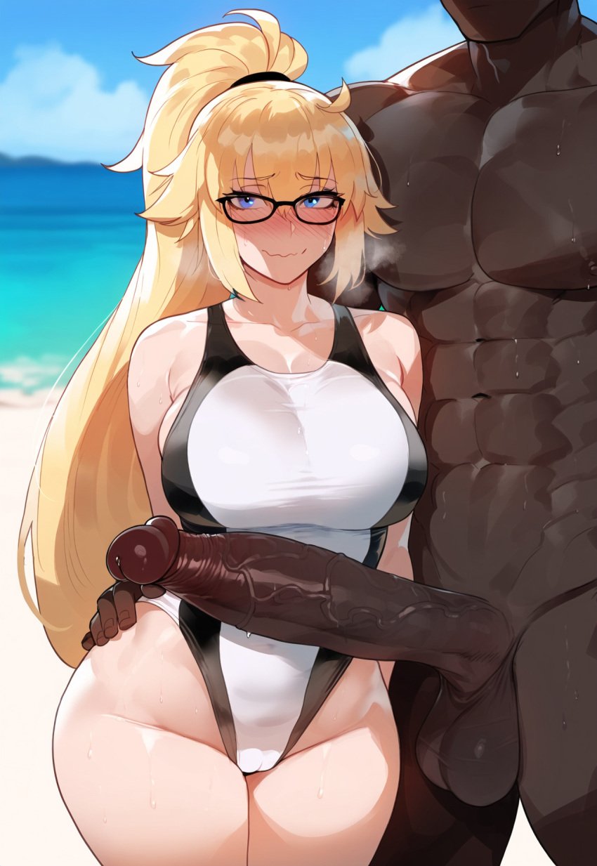 1boy 1girls ai_generated artstyle_imitation blonde_hair blush breasts dark-skinned_male dark_skin fate/grand_order fate_(series) female floox hi_res high_resolution hips huge_breasts huge_cock interracial jeanne_d'arc_(fate) jeanne_d'arc_(swimsuit_archer) large_breasts light-skinned_female light_skin long_hair male penis stable_diffusion thiccwithaq_(ai_style) thick_thighs thighs wide_hips