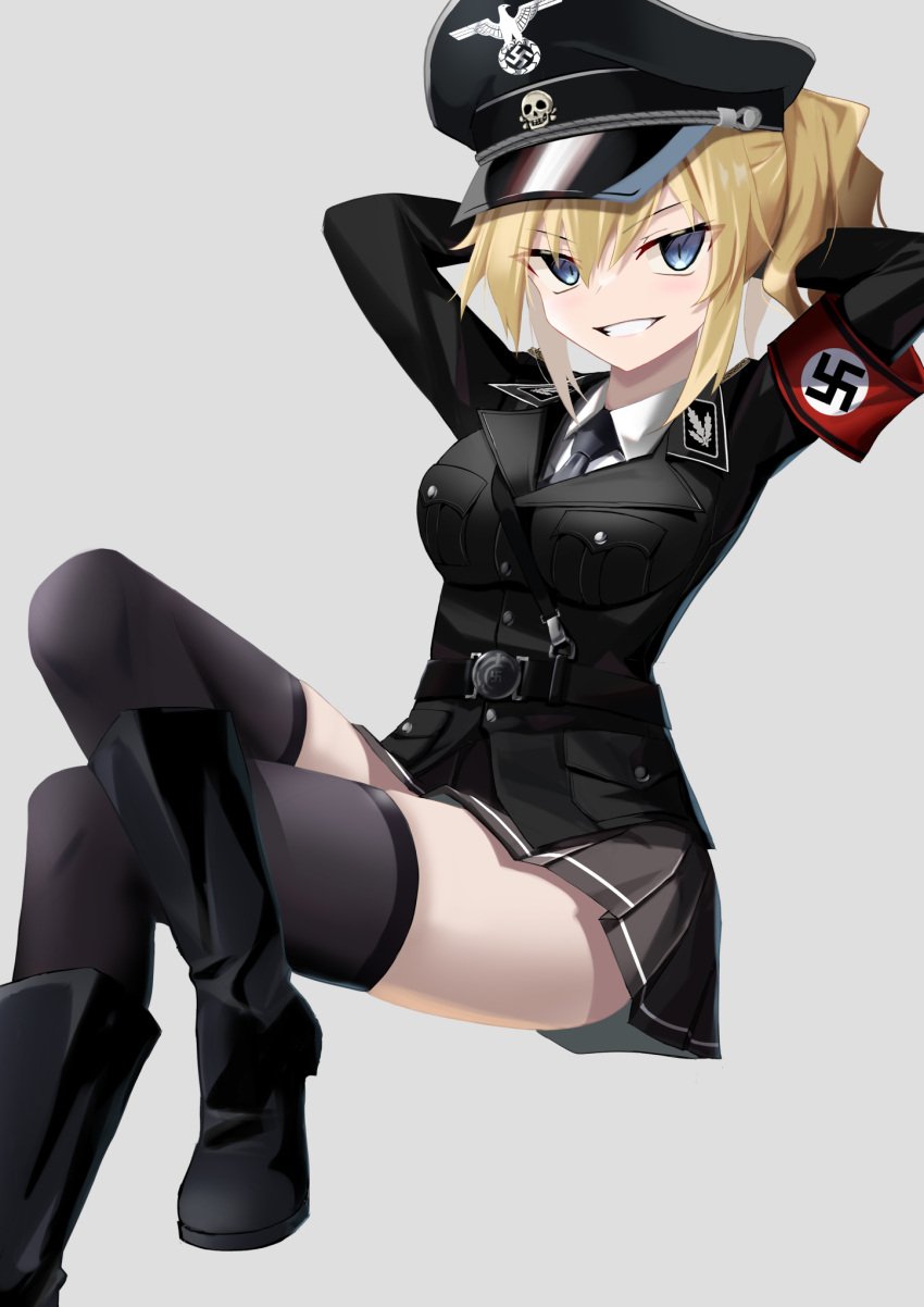 07th_expansion 1girls blonde_female blonde_hair blue_eyes breasts cap high_heel_boots jessica_ushiromiya large_breasts nazi nazi_uniform seacats sitting skirt smile stockings swastika umineko_no_naku_koro_ni when_they_cry young young_woman younger_female