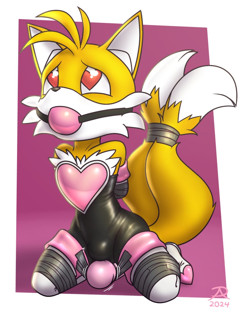 1boy anthro armwear ball_gag bondage boots bound bulge canid canine clothing crossdressing elbow_gloves footwear fox frogtied gag gloves handwear heart_eyes heart_symbol hi_res kneeling legs_tied legwear looking_pleasured male male_only mammal miles_prower radasus rouge_the_bat_(cosplay) sega sex_toy solo sonic_(series) sonic_the_hedgehog_(series) tail tail_tied tails tails_the_fox tape tape_bondage thigh_boots thigh_highs vibrator