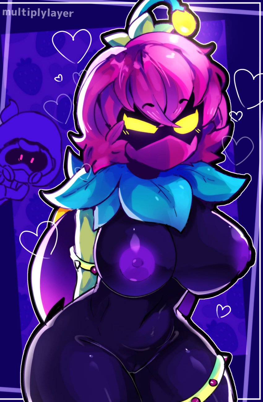 big_breasts brawl_stars cordelius_(brawl_stars) glowing_eyes hearts_around_head lily_(brawl_stars) multiplylayer nipples pink_hair purple_skin silly_mushroom_man thick_thighs