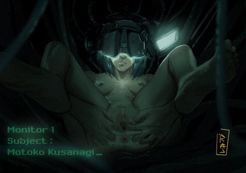 1girls anus barefoot breasts cable dark_room english_text feet female female_only front_view full_body genitals ghost_in_the_shell hair hypnosis kusanagi_motoko legs_up light lying medium_hair mind_control nipples on_back program pussy rajdraw reprogramming science_fiction shaved_pussy small_breasts solo spread_legs spreading spreading_pussy text watermark wire