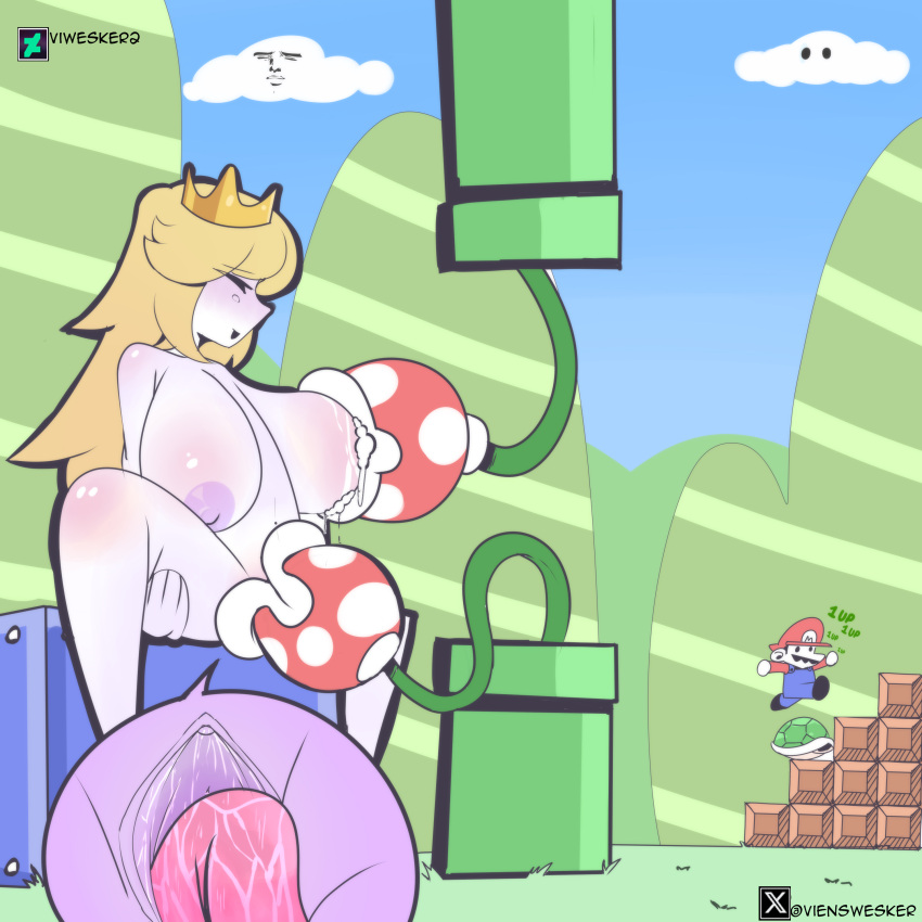 big_breasts big_thighs blonde_hair breast_sucking girl mario mario_(series) outdoors piranha_plant princess_peach pussy_juice pussy_licking super_mario_bros. tongue_in_pussy vienswesker white_skin yaranaika