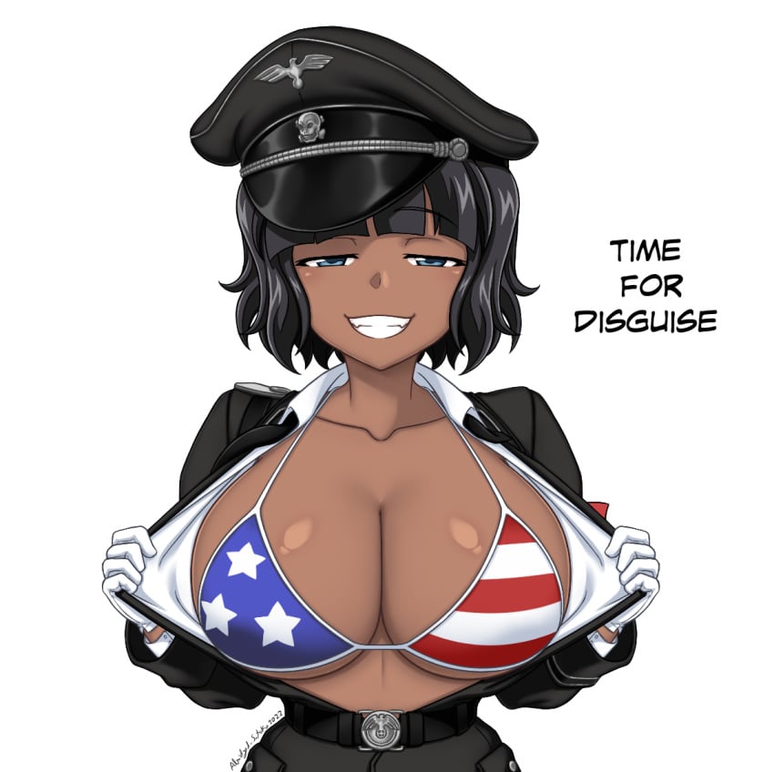 1girls 2022 abridged-satoko alternate_version_available american_flag_bikini areolae aryana_schütze big_breasts black_hair blue_eyes breasts dark-skinned_female dark_hair dated gloves hat military_uniform nazi nipples oc original original_character smug solo solo_female teeth text watermark white_background