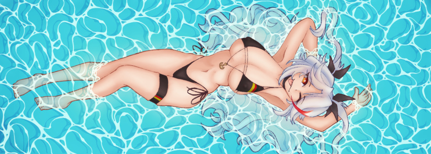 armpits azur_lane bikini breasts midriff prinz_eugen_(azur_lane) prinz_eugen_(unfading_smile)_(azur_lane) submerged swimsuit thighs tongue_out white_hair