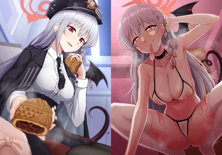 absurdres bikini black_hat black_necktie black_tail black_wings blue_archive braid breasts cleavage closed_mouth collared_shirt condom condom_in_mouth female food grey_hair halo haruna_(blue_archive) heart heart-shaped_pupils highres holding holding_food kurosteel_ds large_breasts long_hair long_sleeves mouth_hold navel necktie open_mouth red_eyes red_halo shirt single_wing sitting slit_pupils squatting swimsuit symbol-shaped_pupils tail thighhighs used_condom white_bikini white_shirt white_thighhighs wings