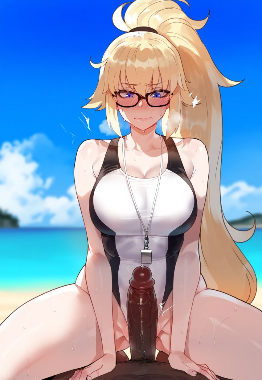 1girls ai_generated artstyle_imitation blonde_hair blush breasts dark-skinned_male fate/grand_order fate_(series) female floox hi_res high_resolution hips huge_breasts interracial jeanne_d'arc_(fate) jeanne_d'arc_(swimsuit_archer) large_breasts light-skinned_female light_skin long_hair pov stable_diffusion thiccwithaq_(ai_style) thick_thighs thighs wide_hips