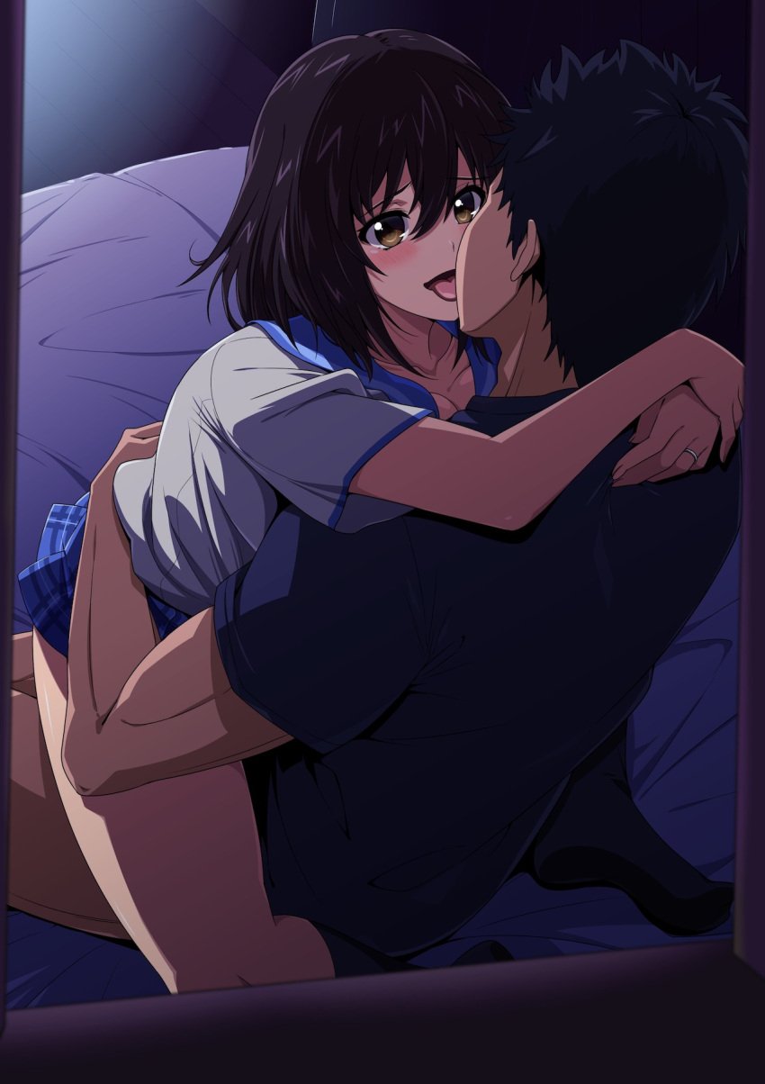 1boy 1girls arms_around_neck arms_around_waist black_hair black_shirt black_socks blue_sailor_collar blue_skirt blush breast_press breasts brown_eyes clothed_sex commentary_request commission female french_kiss hair_between_eyes highres himeragi_yukina indoors jewelry kissing kissing_while_penetrated kneehighs light-skinned_female looking_at_another netorare oki_kuro on_bed plaid plaid_skirt ring saikai_academy_school_uniform sailor_collar school_uniform serafuku sex shirt short_hair short_sleeves skeb_commission skirt socks straddling straight strike_the_blood sweat tongue tongue_out upright_straddle vaginal_penetration wedding_ring white_shirt