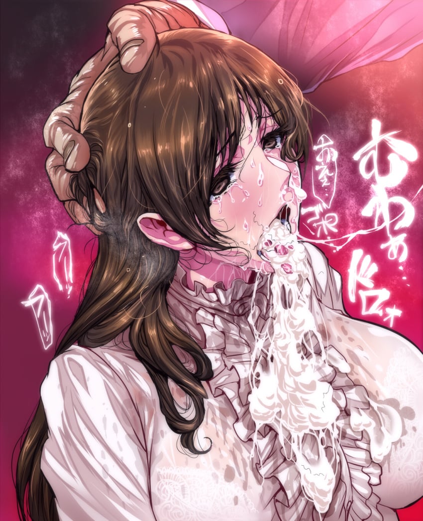 after_fellatio blouse blush bra breasts brown_eyes brown_hair cum cum_bubble cum_in_mouth cum_in_nose cum_on_clothes cum_on_upper_body cum_string dark-skinned_male female hand_on_head highres idolmaster idolmaster_cinderella_girls large_breasts long_hair matching_hair/eyes nitta_minami onomatopoeia open_mouth ruffles see-through simple_background solo_focus stray_pubic_hair sweatdrop tears upper_body warainaku white_blouse white_shirt